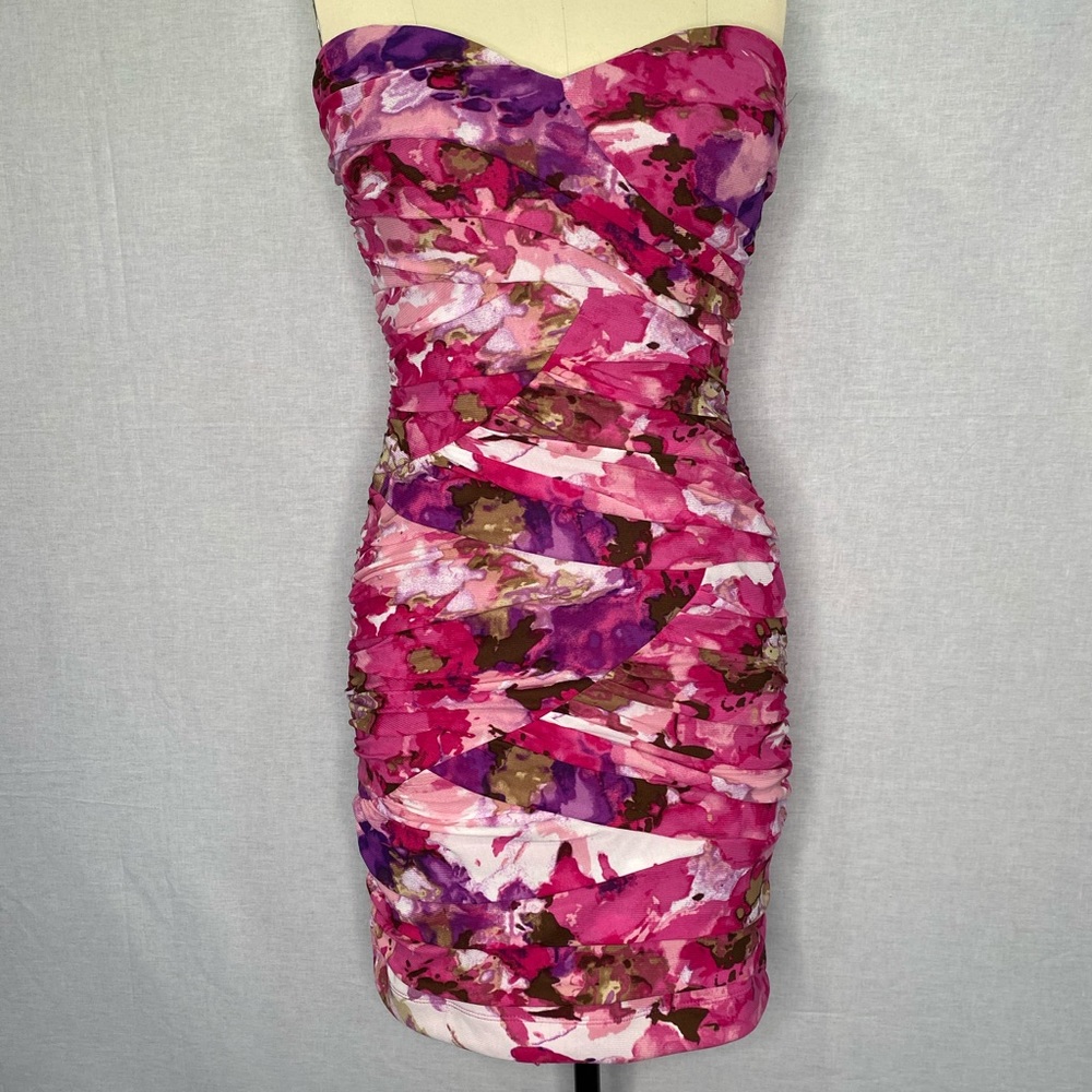 Arden B Strapless pink floral spring mini sz med